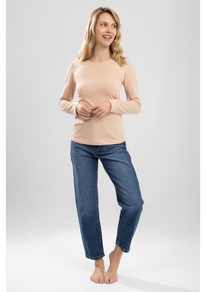 Kadın Pamuklu Bisiklet Yaka Uzun Kollu Penye Basic Body Ten Rengi modelleri