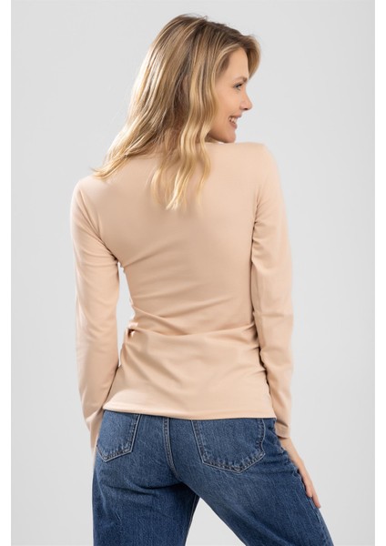 Kadın Pamuklu Bisiklet Yaka Uzun Kollu Penye Basic Body Ten Rengi fırsatları