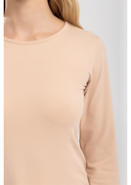 Kadın Pamuklu Bisiklet Yaka Uzun Kollu Penye Basic Body Ten Rengi indirimleri