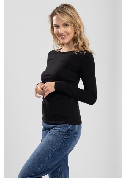 Kadın Pamuklu Bisiklet Yaka Uzun Kollu Penye Basic Body Siyah fiyatları