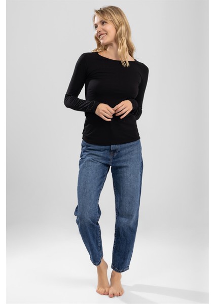 Kadın Pamuklu Bisiklet Yaka Uzun Kollu Penye Basic Body Siyah fırsatları