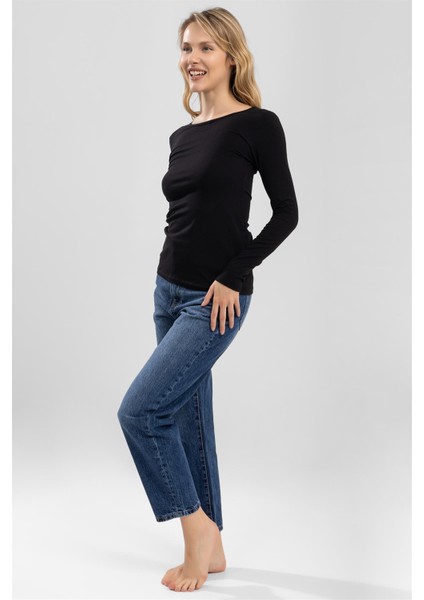 Kadın Pamuklu Bisiklet Yaka Uzun Kollu Penye Basic Body Siyah indirimleri