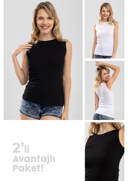 Kadın Pamuklu Bisiklet Yaka Kolsuz Penye Body Tişört 2'li Paket (Siyah&beyaz) Renkli