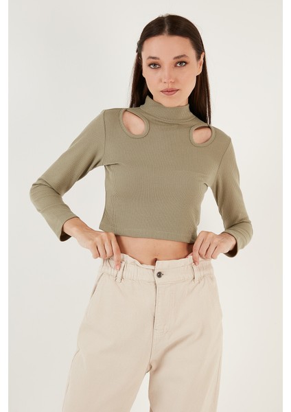 Esnek Slim Fit Cut Out Pencereli Dik Yaka Crop Bluz Bayan Bluz 5865348