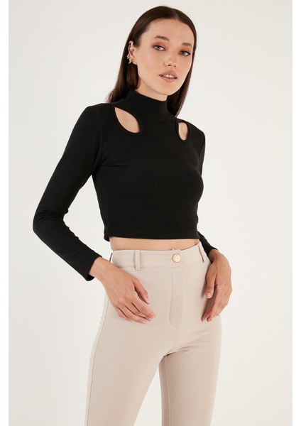 Esnek Slim Fit Cut Out Pencereli Dik Yaka Crop Bluz Bayan Bluz 5865348 fırsatları