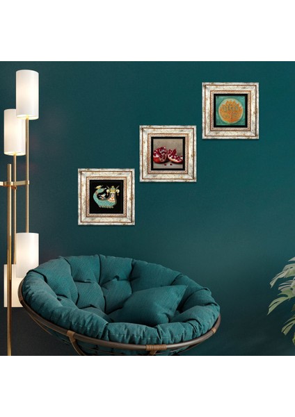 Lotus Çiçeği, Şahmeran, Nar Taş Duvar Tablosu Çerçeveli Duvar Dekoru 3 Parça Tablo Seti Wall Art T3-1003