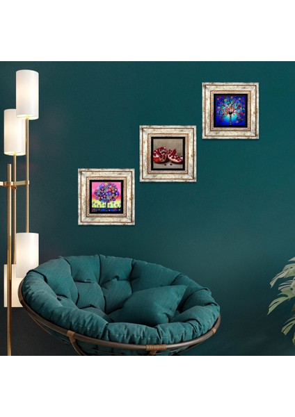 Hayat Ağacı, Nar Çerçeveli Taş Duvar Tablosu 3’lü Set - Dekoratif Modern Sanat, Ev ve Ofis Dekoru |TK3-1046|