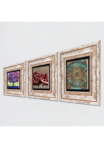 Yaşam Çiçeği, Karla Gerard Hayat Ağacı, Nar Taş Duvar Tablosu Çerçeveli Duvar Dekoru 3 Parça Tablo Seti Wall Art T3-1051
