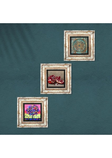 Yaşam Çiçeği, Karla Gerard Hayat Ağacı, Nar Taş Duvar Tablosu Çerçeveli Duvar Dekoru 3 Parça Tablo Seti Wall Art T3-1051