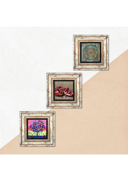 Yaşam Çiçeği, Karla Gerard Hayat Ağacı, Nar Taş Duvar Tablosu Çerçeveli Duvar Dekoru 3 Parça Tablo Seti Wall Art T3-1051