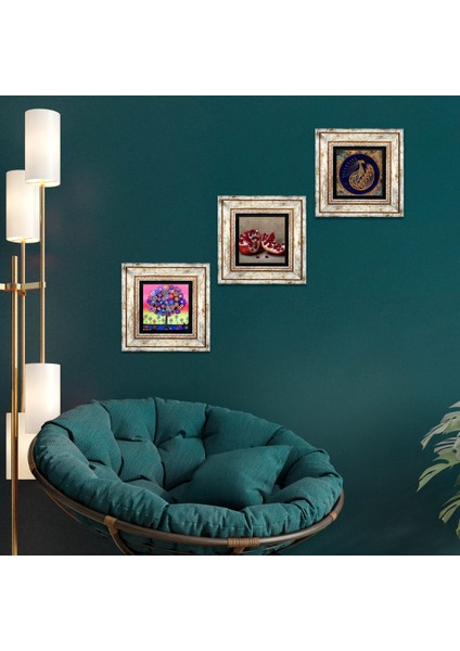 Tavus Kuşu, Hayat Ağacı, Nar Taş Duvar Tablosu Çerçeveli Duvar Dekoru 3 Parça Tablo Seti Wall Art T3-1052