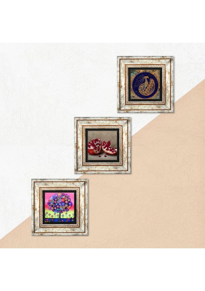 Tavus Kuşu, Hayat Ağacı, Nar Taş Duvar Tablosu Çerçeveli Duvar Dekoru 3 Parça Tablo Seti Wall Art T3-1052 indirimleri