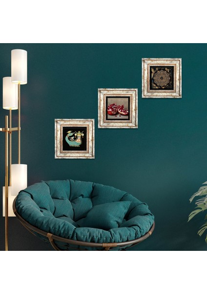 Sri Yantra, Şahmeran, Nar Çerçeveli Taş Duvar Tablosu 3’lü Set - Dekoratif Modern Sanat, Ev ve Ofis Dekoru |TK3-1005|