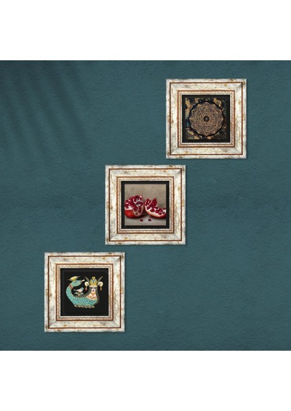 Sri Yantra, Şahmeran, Nar Çerçeveli Taş Duvar Tablosu 3’lü Set - Dekoratif Modern Sanat, Ev ve Ofis Dekoru |TK3-1005| fırsatları