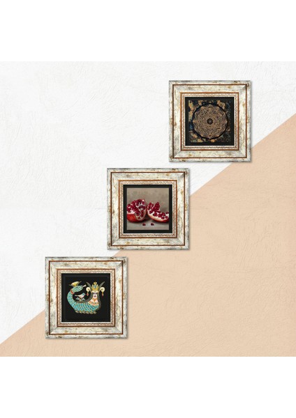 Sri Yantra, Şahmeran, Nar Çerçeveli Taş Duvar Tablosu 3’lü Set - Dekoratif Modern Sanat, Ev ve Ofis Dekoru |TK3-1005| indirimleri