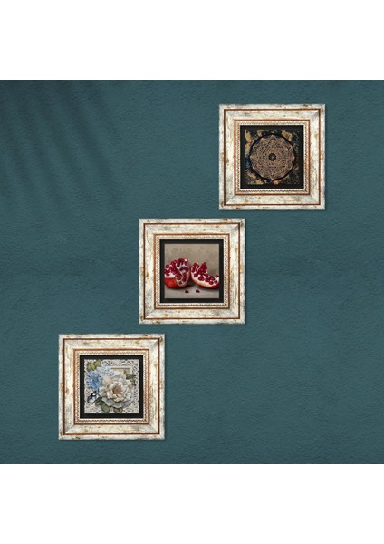 Sri Yantra, Kelebekli Çiçek, Nar Taş Duvar Tablosu Çerçeveli Duvar Dekoru 3 Parça Tablo Seti Wall Art T3-1173 fırsatları