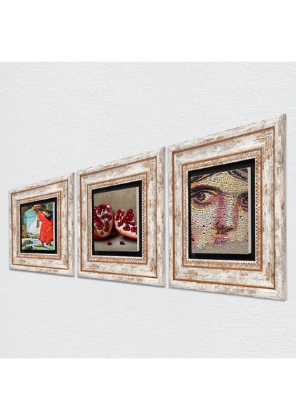 Çingene Kızı Mozaiği, Kaplumbağa Terbiyecisi, Nar Taş Duvar Tablosu Çerçeveli Duvar Dekoru 3 Parça Tablo Seti Wall Art T3-1531