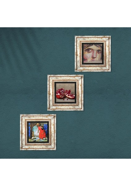 Çingene Kızı Mozaiği, Kaplumbağa Terbiyecisi, Nar Taş Duvar Tablosu Çerçeveli Duvar Dekoru 3 Parça Tablo Seti Wall Art T3-1531