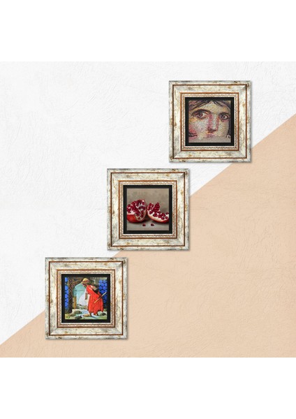 Çingene Kızı Mozaiği, Kaplumbağa Terbiyecisi, Nar Taş Duvar Tablosu Çerçeveli Duvar Dekoru 3 Parça Tablo Seti Wall Art T3-1531