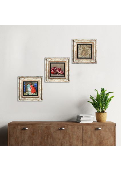 Mozaik Serisi, Kaplumbağa Terbiyecisi, Nar Çerçeveli Taş Duvar Tablosu 3’lü Set - Dekoratif Modern Sanat, Ev ve Ofis Dekoru |TK3-1532|