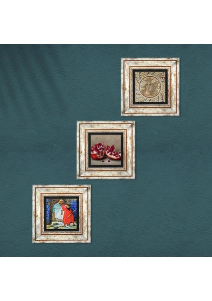 Mozaik Serisi, Kaplumbağa Terbiyecisi, Nar Çerçeveli Taş Duvar Tablosu 3’lü Set - Dekoratif Modern Sanat, Ev ve Ofis Dekoru |TK3-1532| fırsatları