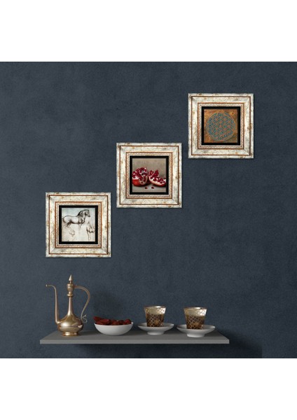 Yaşam Çiçeği, Leonardo da Vinci At Heykeli, Nar Taş Duvar Tablosu Çerçeveli Duvar Dekoru 3 Parça Tablo Seti Wall Art T3-1353