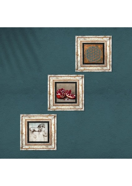 Yaşam Çiçeği, Leonardo da Vinci At Heykeli, Nar Taş Duvar Tablosu Çerçeveli Duvar Dekoru 3 Parça Tablo Seti Wall Art T3-1353