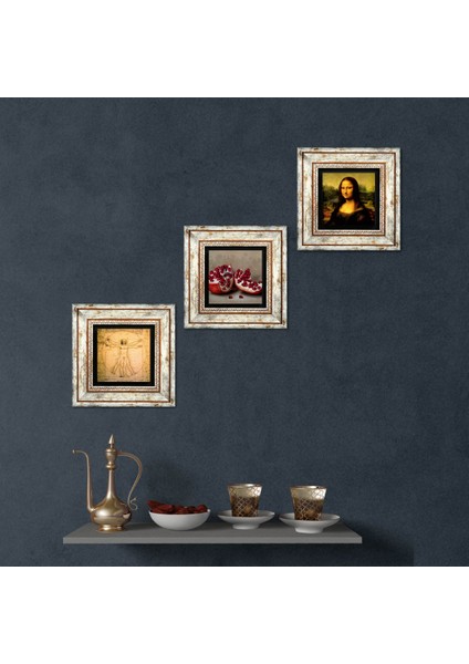 Leonardo da Vinci Mona Lisa, Vitruvius Adamı, Nar Taş Duvar Tablosu Çerçeveli Duvar Dekoru 3 Parça Tablo Seti Wall Art T3-1354