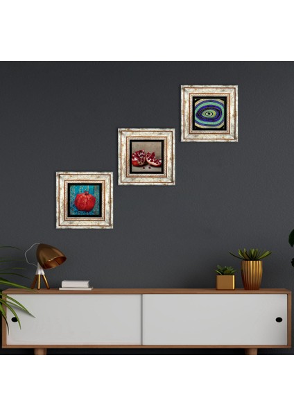 Nazar, Nar Taş Duvar Tablosu Çerçeveli Duvar Dekoru 3 Parça Tablo Seti Wall Art T3-829