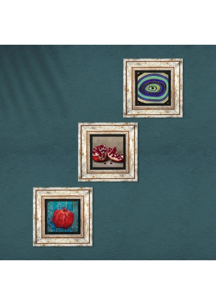 Nazar, Nar Taş Duvar Tablosu Çerçeveli Duvar Dekoru 3 Parça Tablo Seti Wall Art T3-829