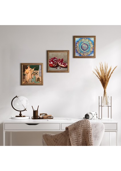 Mandala, İki Müzisyen Kız Tablosu, Nar Taş Duvar Tablosu Ahşap Çerçeveli Duvar Dekoru 3 Parça Tablo Seti Wall Art W3-1496