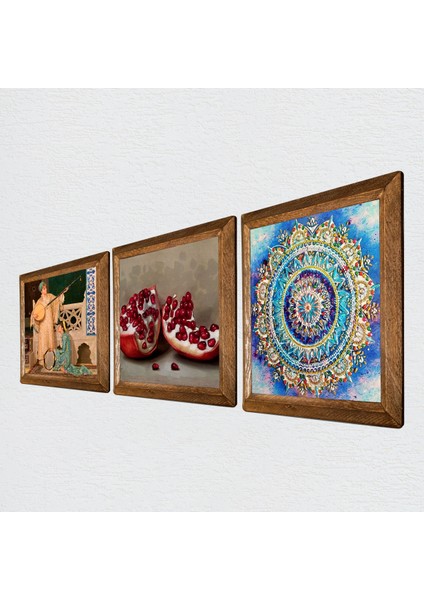 Mandala, İki Müzisyen Kız Tablosu, Nar Taş Duvar Tablosu Ahşap Çerçeveli Duvar Dekoru 3 Parça Tablo Seti Wall Art W3-1496