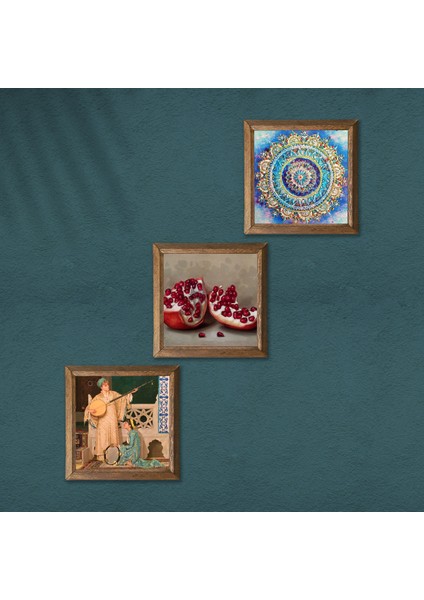 Mandala, İki Müzisyen Kız Tablosu, Nar Taş Duvar Tablosu Ahşap Çerçeveli Duvar Dekoru 3 Parça Tablo Seti Wall Art W3-1496