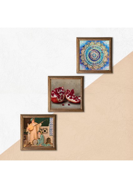 Mandala, İki Müzisyen Kız Tablosu, Nar Taş Duvar Tablosu Ahşap Çerçeveli Duvar Dekoru 3 Parça Tablo Seti Wall Art W3-1496