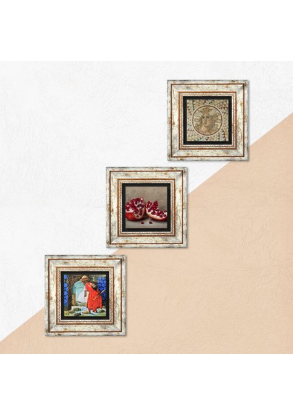 Mozaik Serisi, Kaplumbağa Terbiyecisi, Nar Çerçeveli Taş Duvar Tablosu 3’lü Set - Dekoratif Modern Sanat, Ev ve Ofis Dekoru |TK3-1532| indirimleri