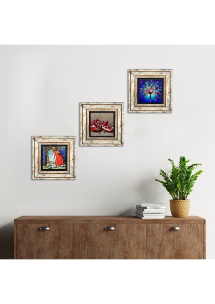 Hayat Ağacı, Kaplumbağa Terbiyecisi, Nar Taş Duvar Tablosu Çerçeveli Duvar Dekoru 3 Parça Tablo Seti Wall Art T3-1537