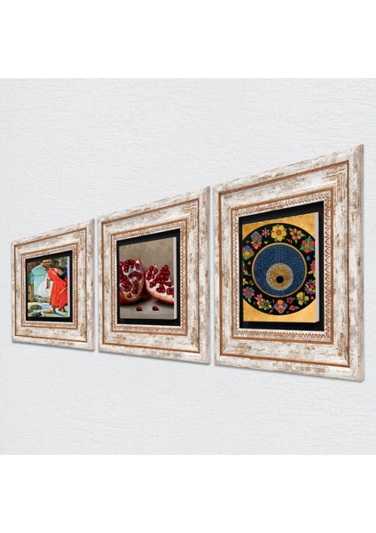 Nazar Boncuğu, Kaplumbağa Terbiyecisi, Nar Taş Duvar Tablosu Çerçeveli Duvar Dekoru 3 Parça Tablo Seti Wall Art T3-1538