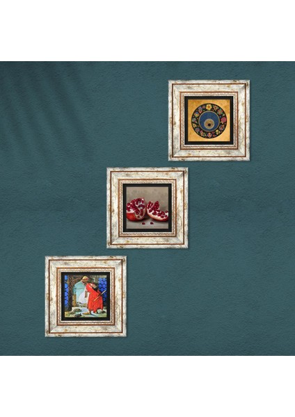 Nazar Boncuğu, Kaplumbağa Terbiyecisi, Nar Taş Duvar Tablosu Çerçeveli Duvar Dekoru 3 Parça Tablo Seti Wall Art T3-1538