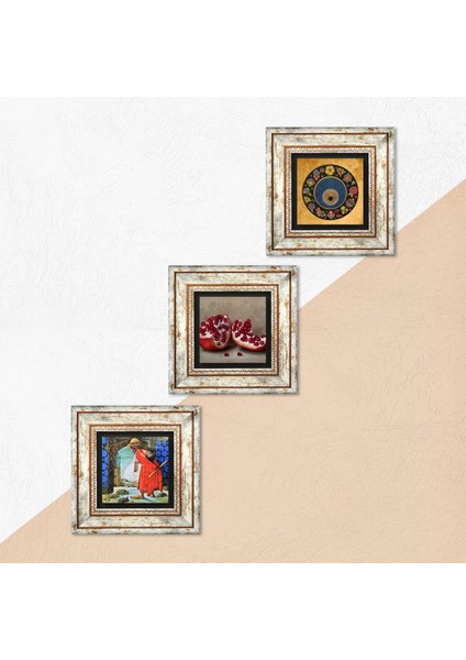Nazar Boncuğu, Kaplumbağa Terbiyecisi, Nar Taş Duvar Tablosu Çerçeveli Duvar Dekoru 3 Parça Tablo Seti Wall Art T3-1538