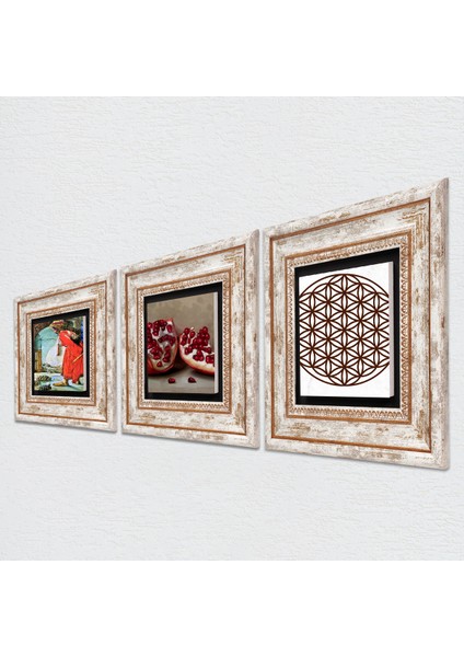 Yaşam Çiçeği, Kaplumbağa Terbiyecisi, Nar Çerçeveli Taş Duvar Tablosu 3’lü Set - Dekoratif Modern Sanat, Ev ve Ofis Dekoru |TK3-1544| fiyatları