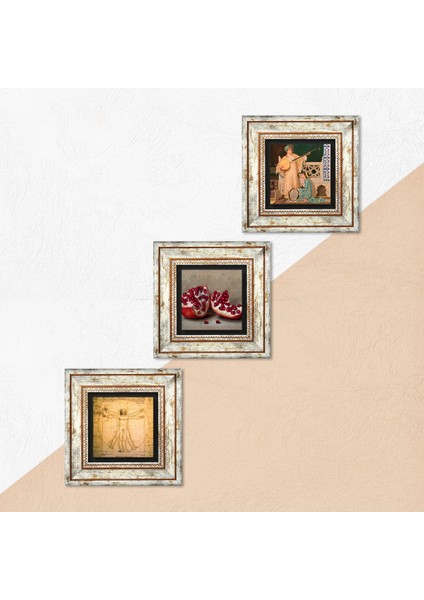 İki Müzisyen Kız, Leonardo da Vinci Vitruvius Adamı, Nar Taş Duvar Tablosu Çerçeveli Duvar Dekoru 3 Parça Tablo Seti Wall Art T3-1355 indirimleri