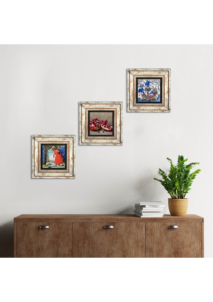 Çini Sanatı Yelkenli Gemi, Kaplumbağa Terbiyecisi, Nar Taş Duvar Tablosu Çerçeveli Duvar Dekoru 3 Parça Tablo Seti Wall Art T3-1547