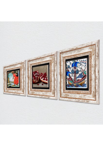 Çini Sanatı Yelkenli Gemi, Kaplumbağa Terbiyecisi, Nar Taş Duvar Tablosu Çerçeveli Duvar Dekoru 3 Parça Tablo Seti Wall Art T3-1547