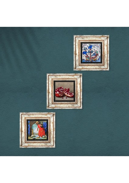 Çini Sanatı Yelkenli Gemi, Kaplumbağa Terbiyecisi, Nar Taş Duvar Tablosu Çerçeveli Duvar Dekoru 3 Parça Tablo Seti Wall Art T3-1547