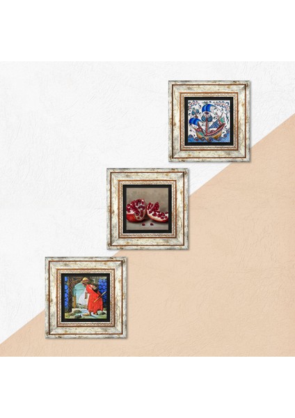 Çini Sanatı Yelkenli Gemi, Kaplumbağa Terbiyecisi, Nar Taş Duvar Tablosu Çerçeveli Duvar Dekoru 3 Parça Tablo Seti Wall Art T3-1547