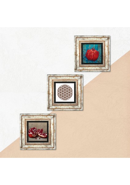 Yaşam Çiçeği, Nar Çerçeveli Taş Duvar Tablosu 3’lü Set - Dekoratif Modern Sanat, Ev ve Ofis Dekoru |TK3-818| indirimleri