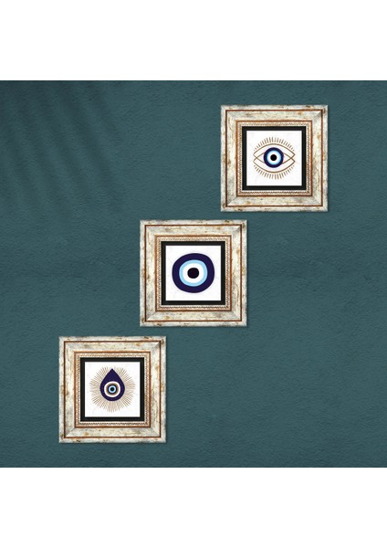 Stone Nazar Çerçeveli Taş Duvar Tablosu 3’lü Set - Dekoratif Modern Sanat, Ev ve Ofis Dekoru |TK3-1724| fırsatları