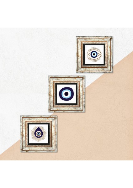 Stone Nazar Çerçeveli Taş Duvar Tablosu 3’lü Set - Dekoratif Modern Sanat, Ev ve Ofis Dekoru |TK3-1724| indirimleri