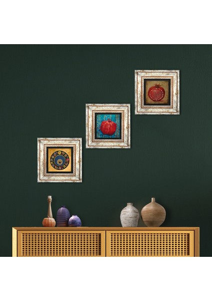 Stone Nazar Boncuğu, Bereket Duası, Nar Çerçeveli Taş Duvar Tablosu 3’lü Set - Dekoratif Modern Sanat, Ev ve Ofis Dekoru |TK3-274|