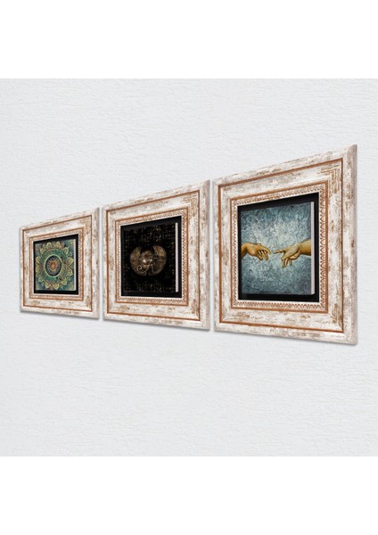 Michelangelo Adem'in Yaratılışı, Mandala, Horus'un Gözü Taş Duvar Tablosu Çerçeveli Duvar Dekoru 3 Parça Tablo Seti Wall Art T3-458